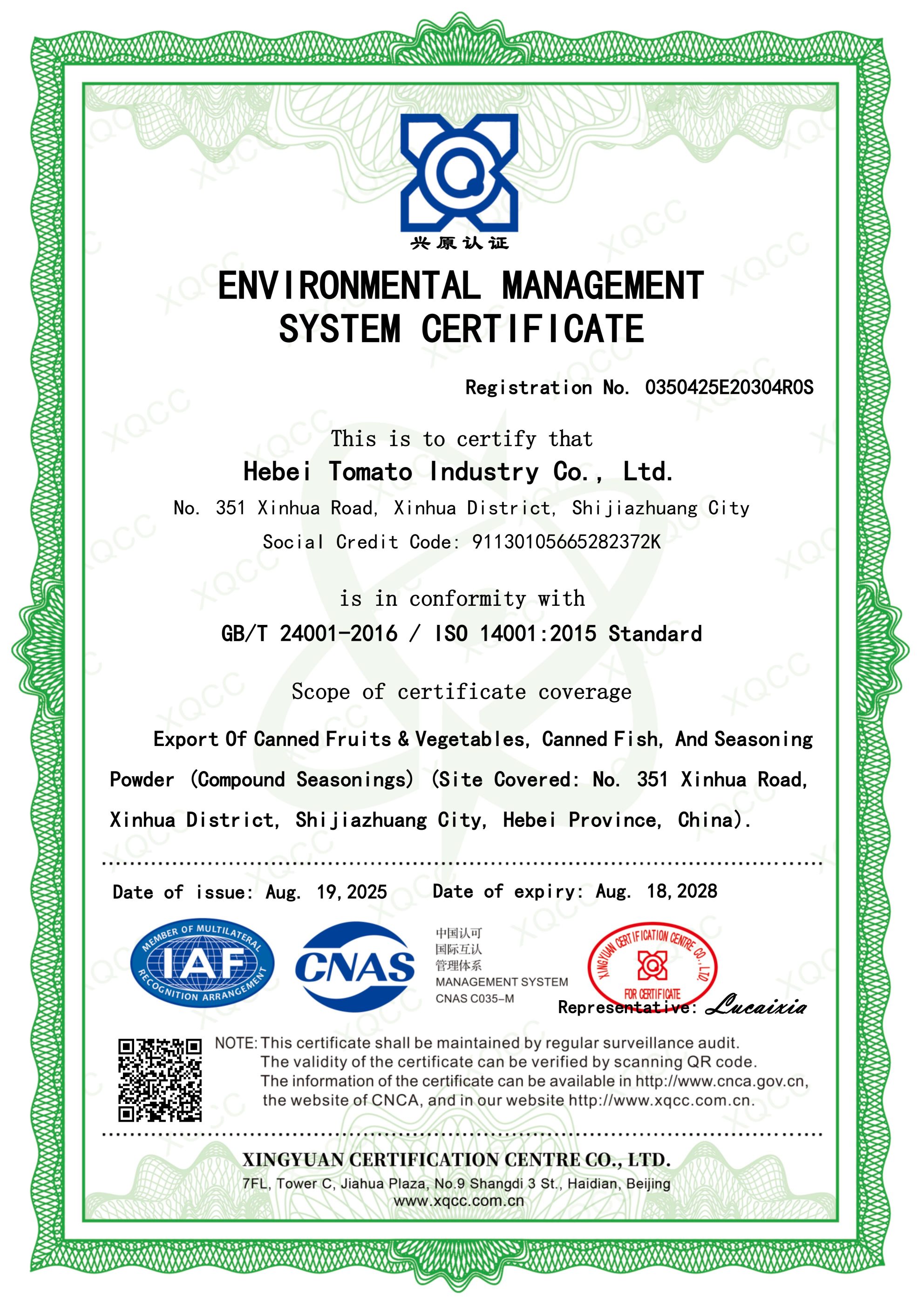 GBT24001-ENV I RONEMENTAL MANAGEMENT SYSTEM CER